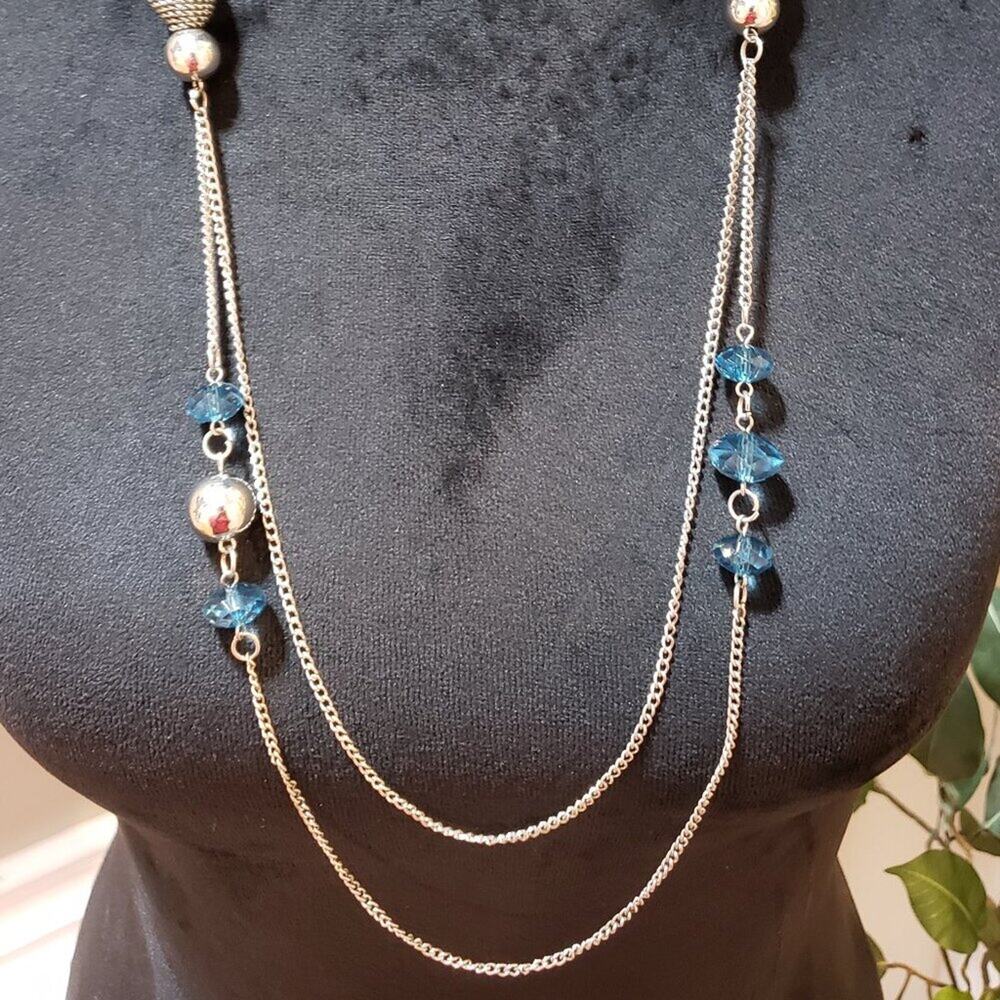 Womens Fashion Silver Tone Blue Crystals Metal Bowls Station Necklace Jewelry